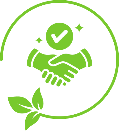 Green handshake with checkmark and leaves.