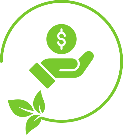 Hand holding dollar sign, leaf circle logo.