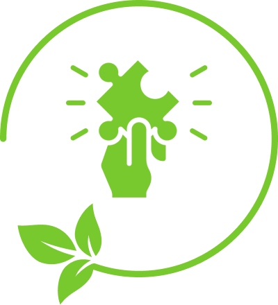 Hand holding puzzle piece with leaves icon.