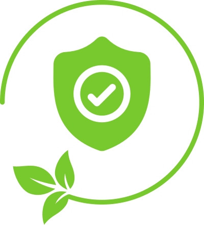 Green shield with checkmark and leaves emblem.