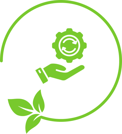 Green hand with gear and leaves graphic.