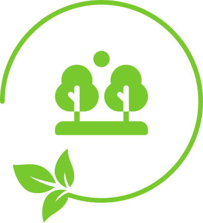 Green trees and leaves within circular design.