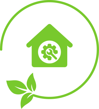 Green house with leaves and gear symbol.