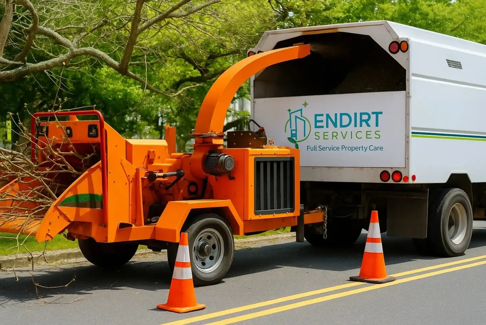 Tree chipper processing branches into truck.