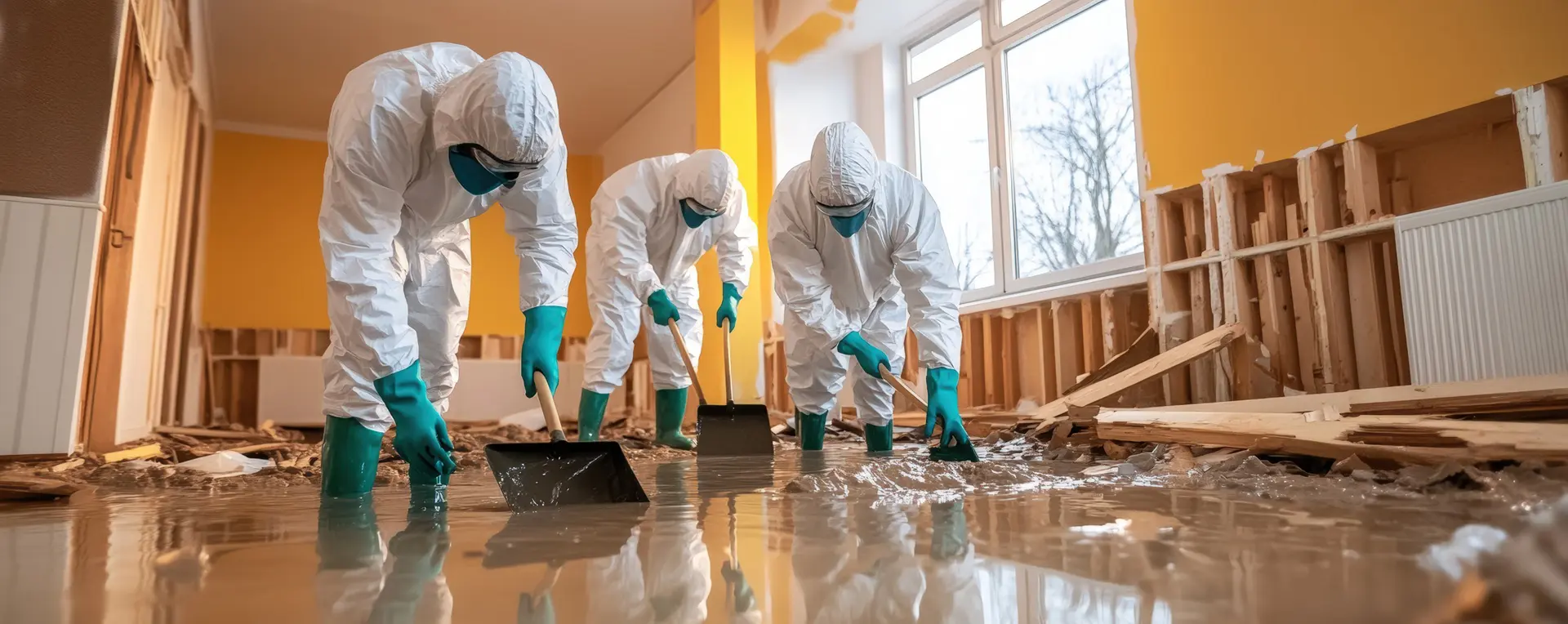Workers in protective suits cleaning a flooded indoor area.