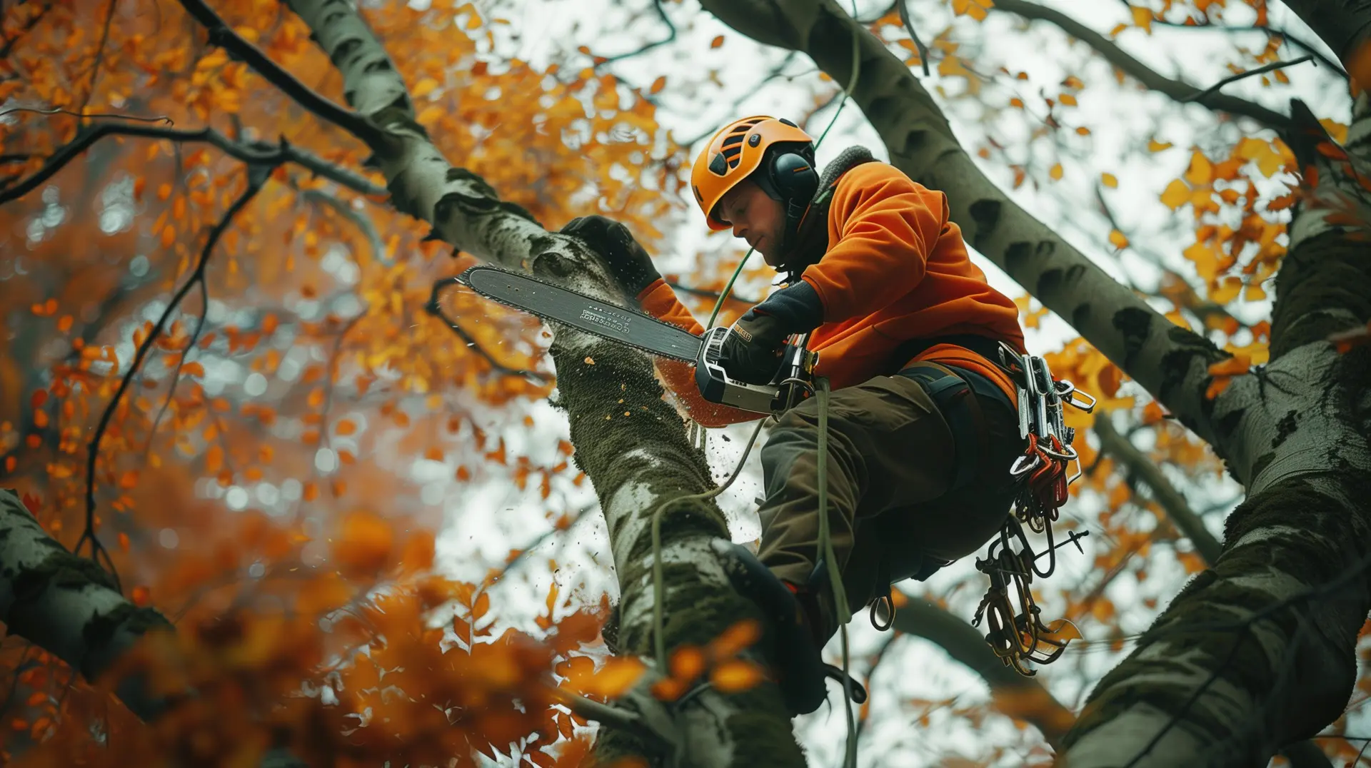 Arborist in orange jacket climbing a tree with fall foliage.