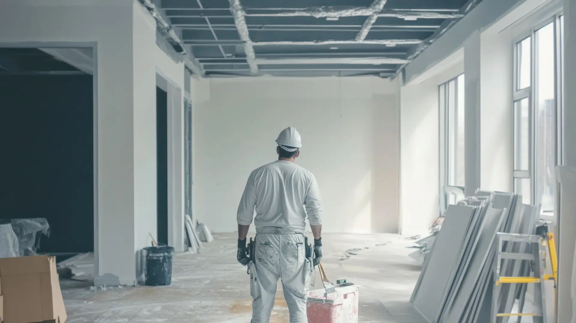 Construction worker standing in an unfinished room with tools.