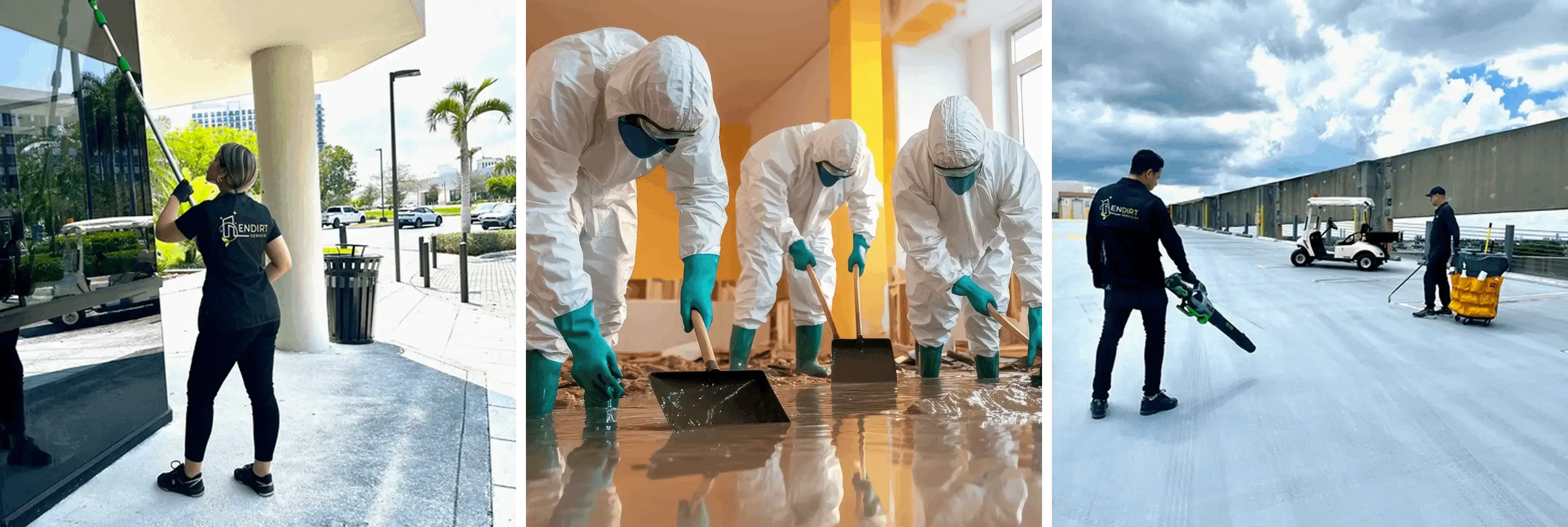 Cleaning services: window washing, floor cleaning, outdoor maintenance.